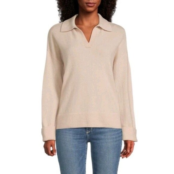 Saks Fifth Ave Charcoal Beige Cashmere Johnny Collar Long Sleeve Sweater Sz XL - Picture 1 of 8